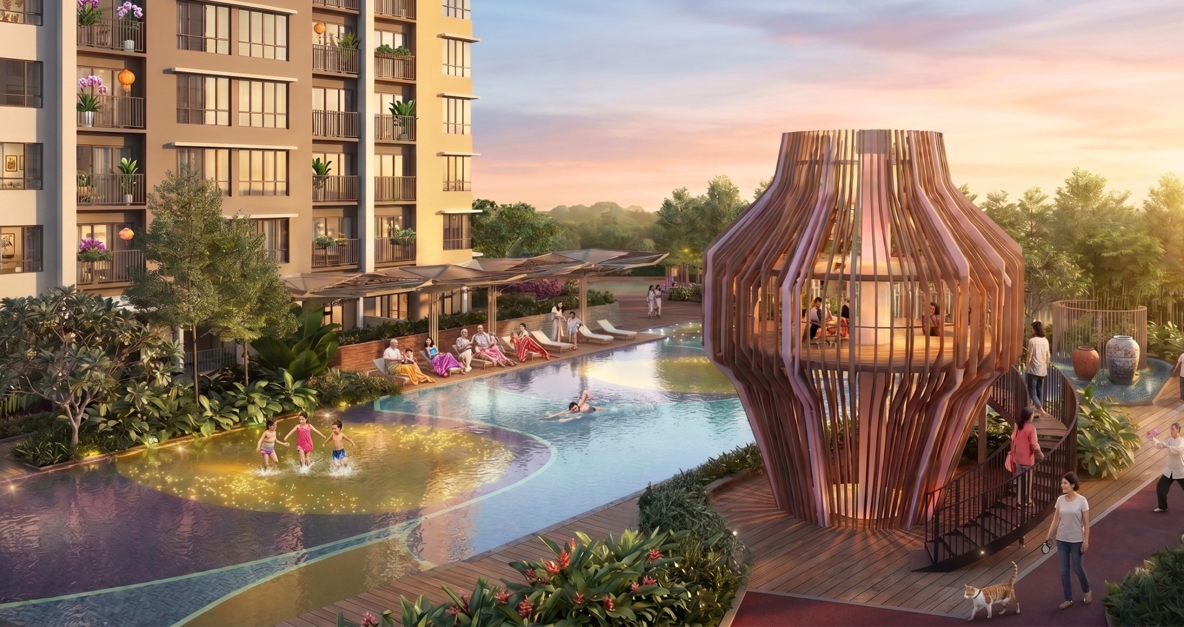 Artist impression of the Astra2 pool deck and timber pavilion at dusk