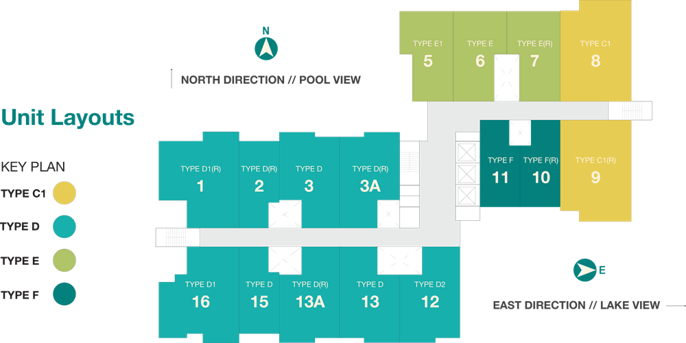 Unit layouts key plan showing the position of Type C1, D, E and F units on a typical floor, with north facing the pool and east facing the lake