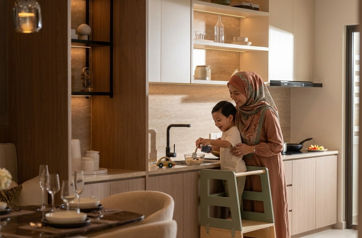 A mother and child cooking together in an Astra2 kitchen