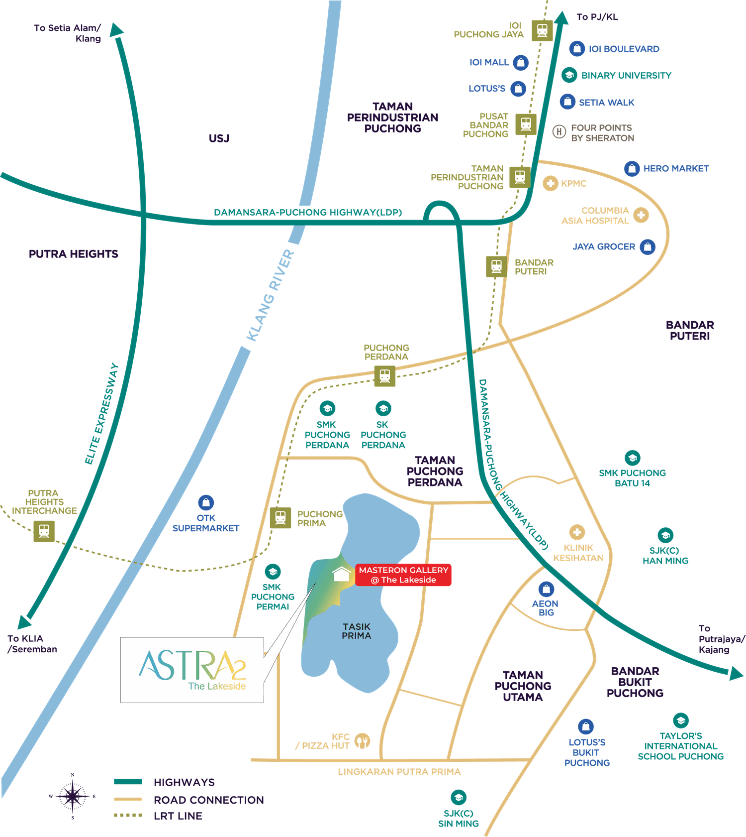 Location map showing Astra2 at Taman Puchong Prima, the Masteron Gallery @ The Lakeside, and the surrounding highways, schools, malls and hospitals