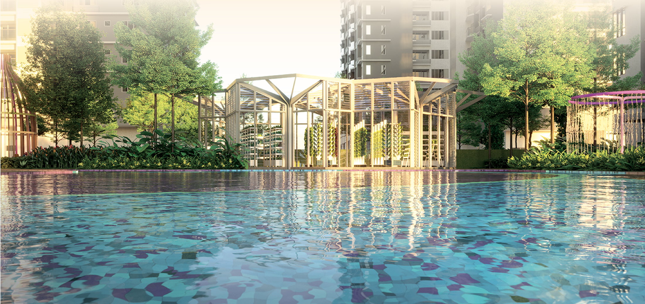 Artist impression of the hydroponic house and pool pavilion seen across the swimming pool
