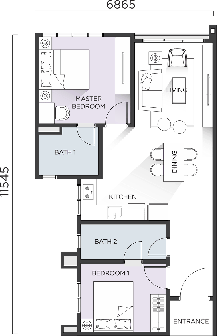 Type E floor plan: master bedroom, bedroom 1, two bathrooms, living, dining and kitchen. 6865 mm by 11545 mm
