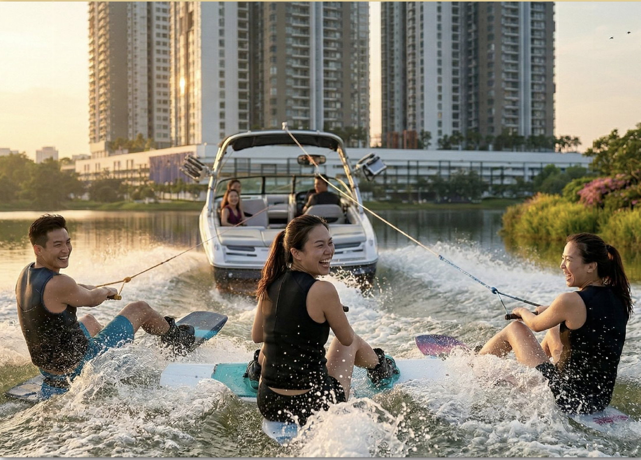 Three wakeboarders behind a boat on The Lakeside, with the Astra towers behind
